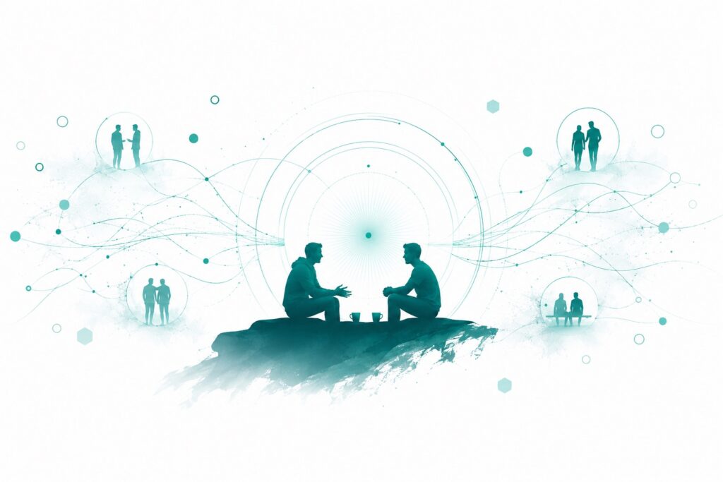 Friends in conversation surrounded by connected health and social wellbeing signals