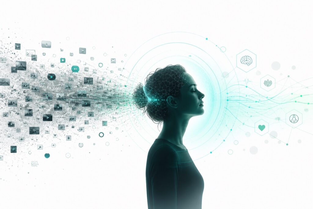 Calm human figure filtering noisy algorithmic content into clearer thought and agency