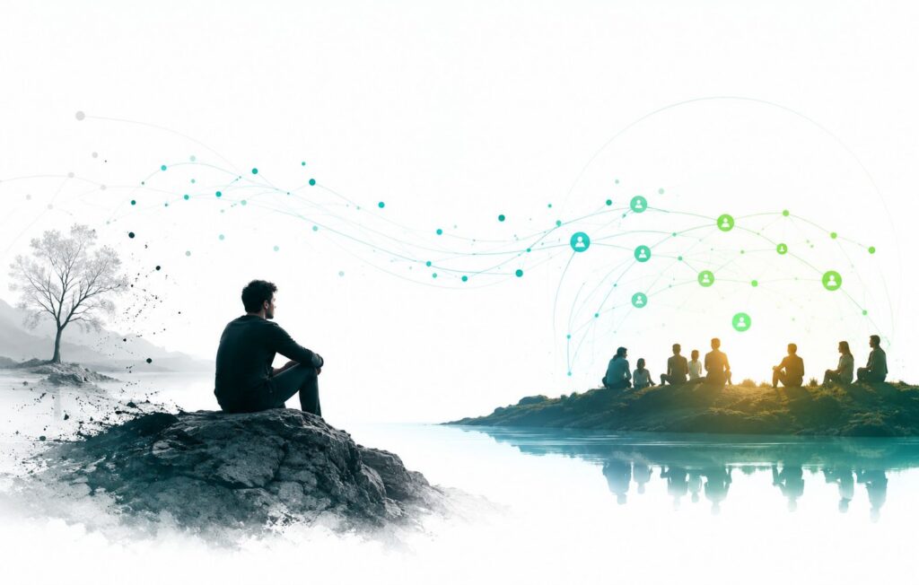 A man sitting alone opposite a group of people, illustrating chosen solitude and social connection.