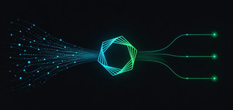 Streams of health data converge through the Kalibra symbol and branch into action pathways