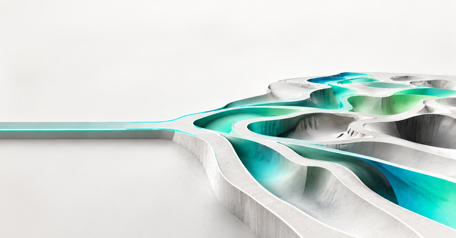 A narrow turquoise path opens into a wide, branching landscape of curved white channels.